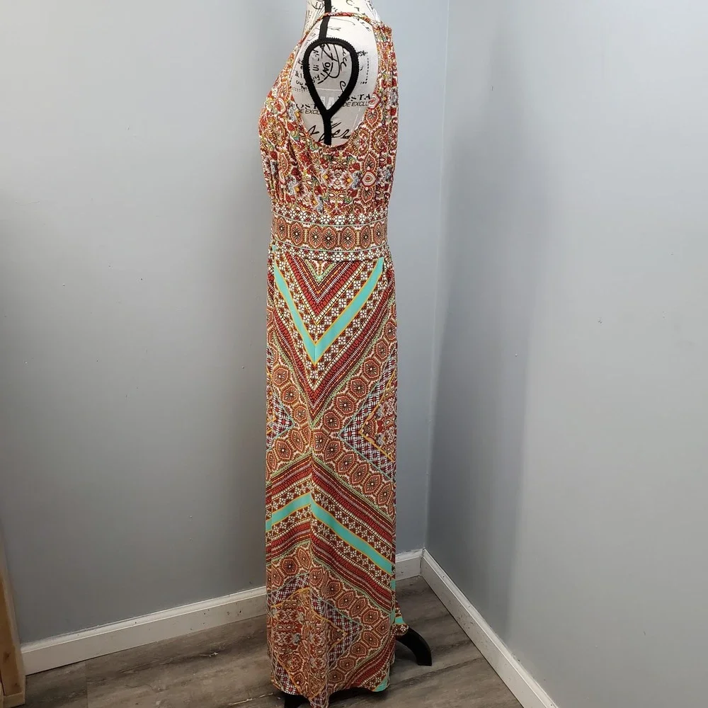 London Times Maxi Dress Womens 12 Multi Patterned Sleeveless Pleated Halter Neck - Picture 7 of 9